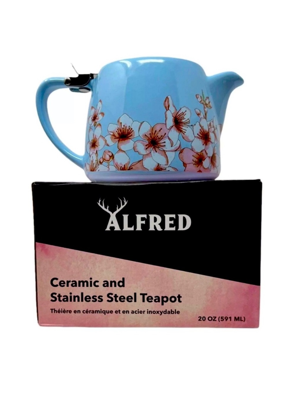 Alfred Blue Ceramic Teapot with Pink Floral Motif